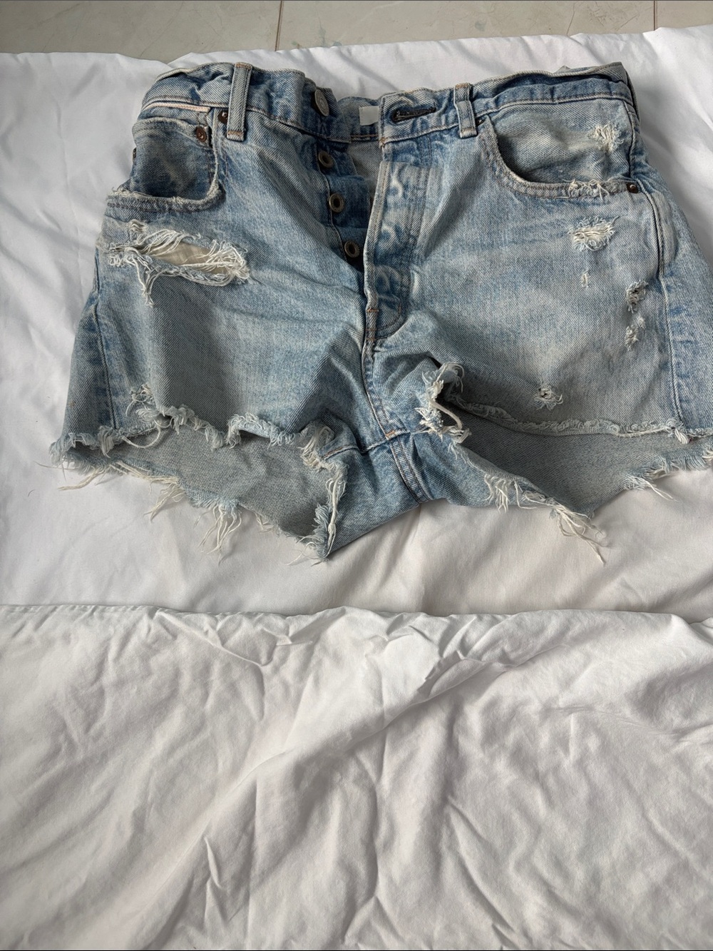 Moussy Light Blue Distressed High-Rise Denim Shorts
